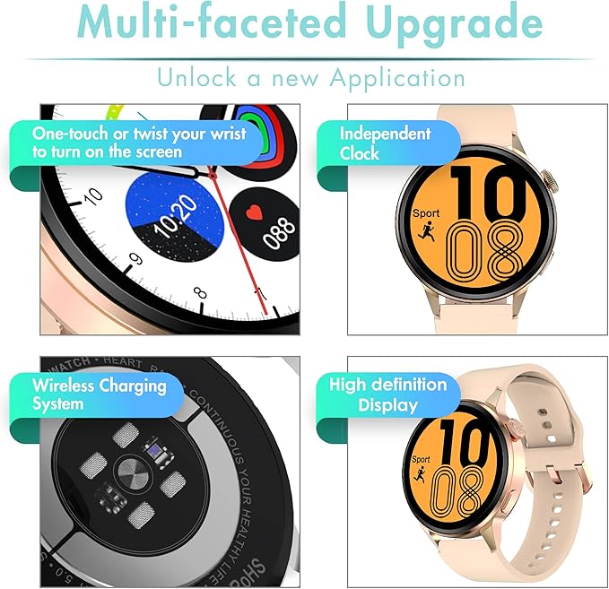 Smart Watch for Men & Women - Android Phones, Make/Answer Calls, Messaging, Voice Assistant, NFC Functions, Wireless Charging, Long Battery Life, Gold