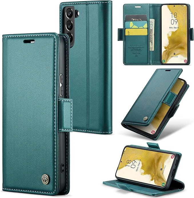 Case for Samsung Galaxy S22 Wallet Case, RFID Blocking PU Leather Flip Folio Cover Card Holder Kickstand Shockproof Phone Case Compatible with Samsung Galaxy S22, Blue Green