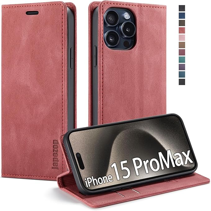 japezop iPhone 15 Pro Max 5G Wallet Case with [RFID Blocking],Card Holder Kickstand Magnetic,Leather Flip Case Wallet for iPhone 15 Pro Max 5G 6.7 Inch(Red)