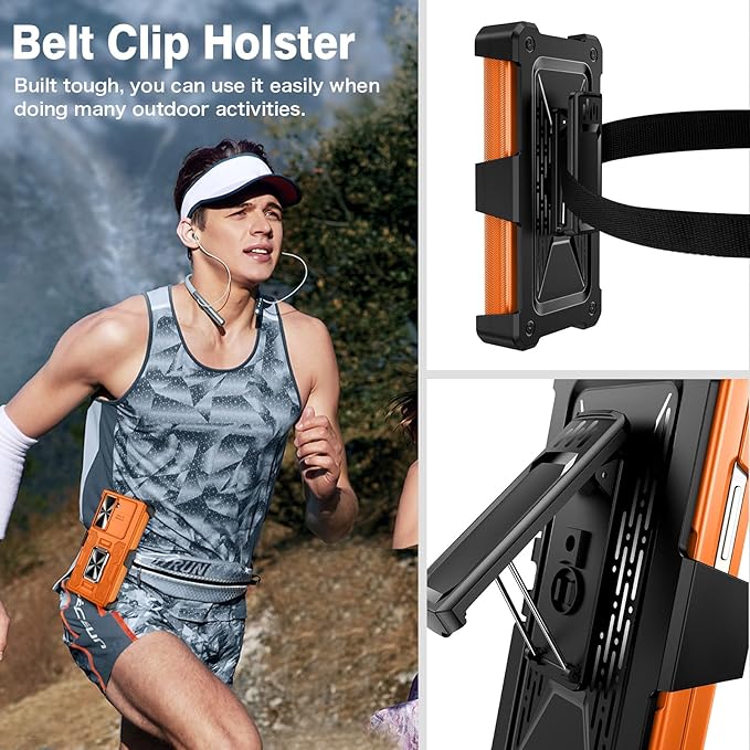 VEGO for Galaxy Z Fold 6 Case with Stand, 360°Ring Magnetic Kickstand & Hinge Protection & Front Screen Protector & Camera Cover & Belt Clip Holster Case for Samsung Galaxy Z Fold 6 5G - Orange