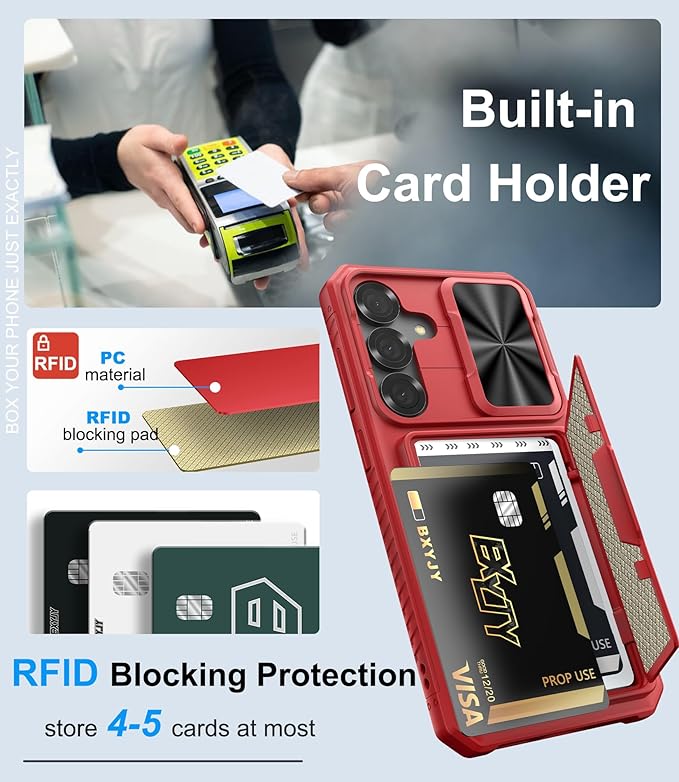 for Samsung Galaxy S25+ Plus Case Wallet, Card Holder (4-5 Cards), RFID Block, Slide Camera Cover & Military Grade Drop, Hard Heavy Duty Men Women Phone Cases for Samsung Galaxy S25+ Plus, Red
