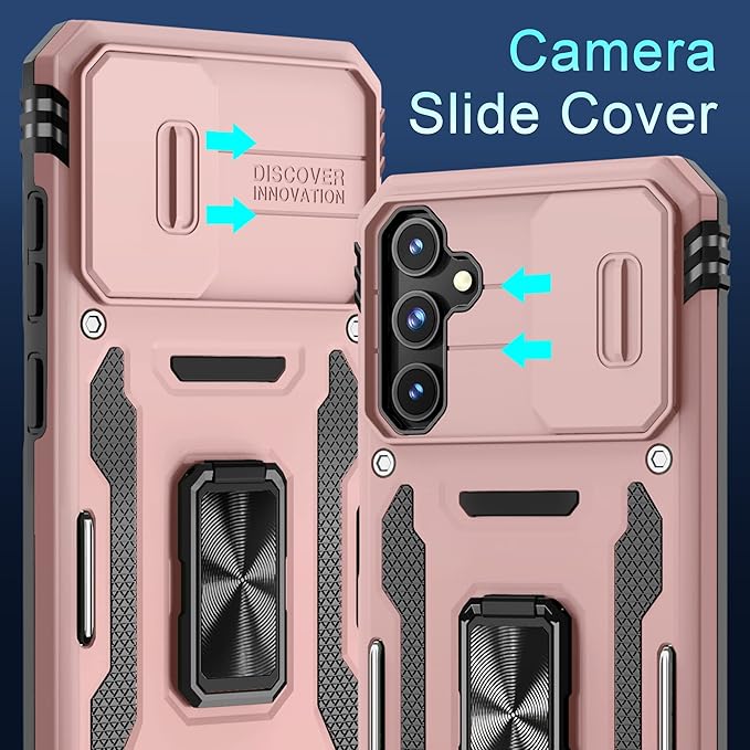 DEERLAMN Case for Samsung Galaxy S23 FE 6.4-Inch with Slide Camera Cover+Screen Protector(1 Pack),Rotated Ring Kickstand Military Grade Shockproof Protective Cover-Rose Gold