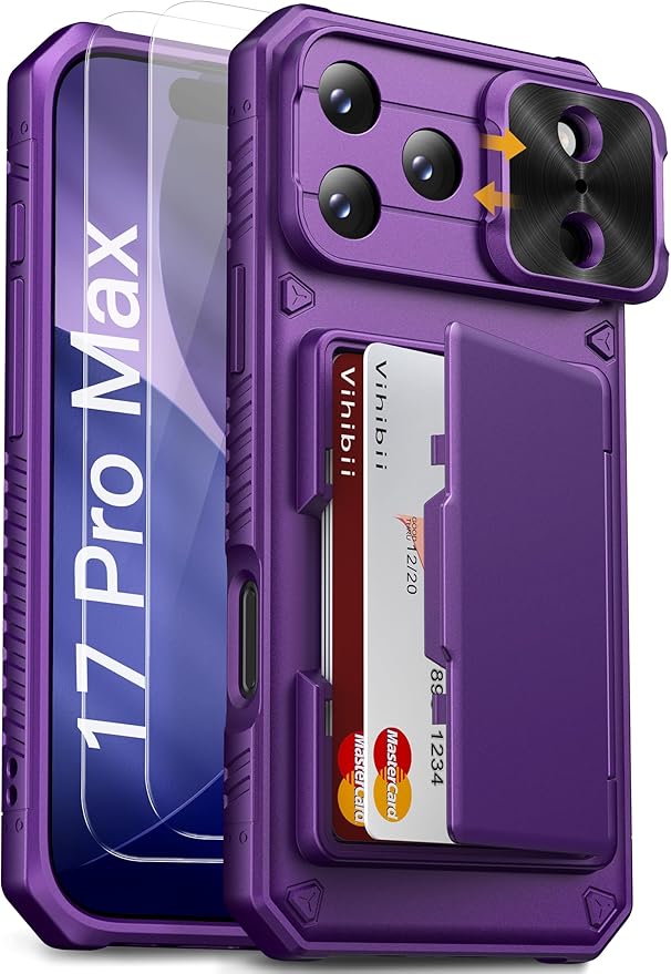 Vihibii for iPhone 17 Pro Max Case with [2X Screen Protector], Built-in Card Holder (4 Cards), [RFID Blocking] & Slide Camera Cover & Tempered Glass Film, Rugged Phone Case for 17 Pro Max, Dark Purple
