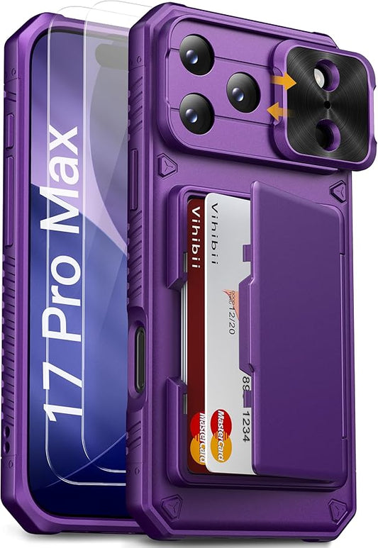 Vihibii for iPhone 17 Pro Max Case with [2X Screen Protector], Built-in Card Holder (4 Cards), [RFID Blocking] & Slide Camera Cover & Tempered Glass Film, Rugged Phone Case for 17 Pro Max, Dark Purple