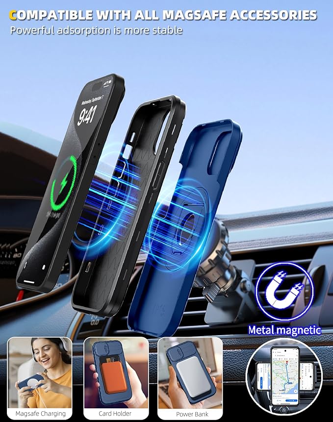 for iPhone 15 Pro Case Compatible with MagSafe Magnetic,with 2 Screen Protectors,Built-in Camera Cover,with Stand Ring,Military Grade Drop Shockproof Heavy Duty Protection Phone Bumper Blue