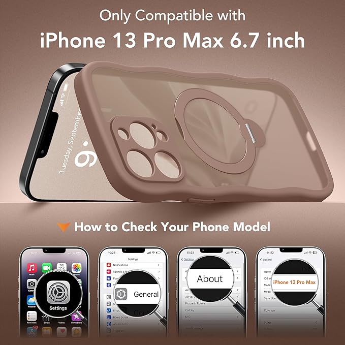 GolbinBox for iPhone 13 Pro Max Case for Women,[Compatible with Magsafe][360° Spin Magnetic Stand][Cute Wave Edge][Military-Grade Protection] Translucent Matte Phone Case for iPhone 13 ProMax, Brown