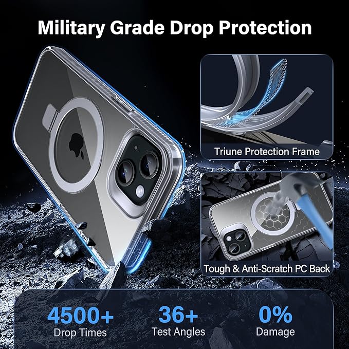 Magnetic Case for iPhone 15 - [Built-in Invisible Stand] [Compatible with MagSafe] [Military Grade Drop Protection] Anti-Yellowing Hard Back Silicone Edge Cover, 6.1", Clear