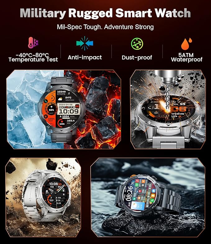 Military Smart Watches for Men(3 Bands),1000mAh/1.75" HD Large Screen Smartwatch, Flashlight/110+ Sports Modes/IP68 Waterproof/Sleep Monitor Fitness Tracker for Android iOS, Matte Black