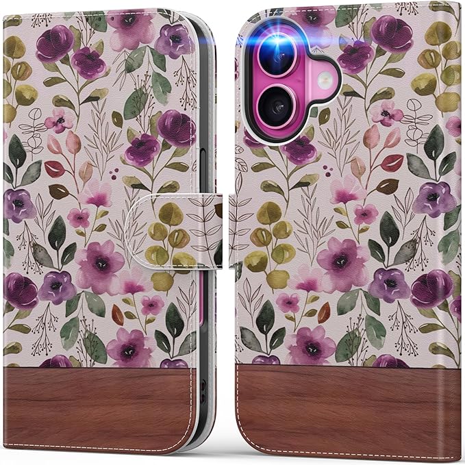 DEENAKIN for iPhone 16 Plus Wallet Case with Card Holder + Cash Clip, RFID-Blocking, Military-Grade Drop Protection, Magnetic Closure with Leather Kickstand - Floral Wallpaper