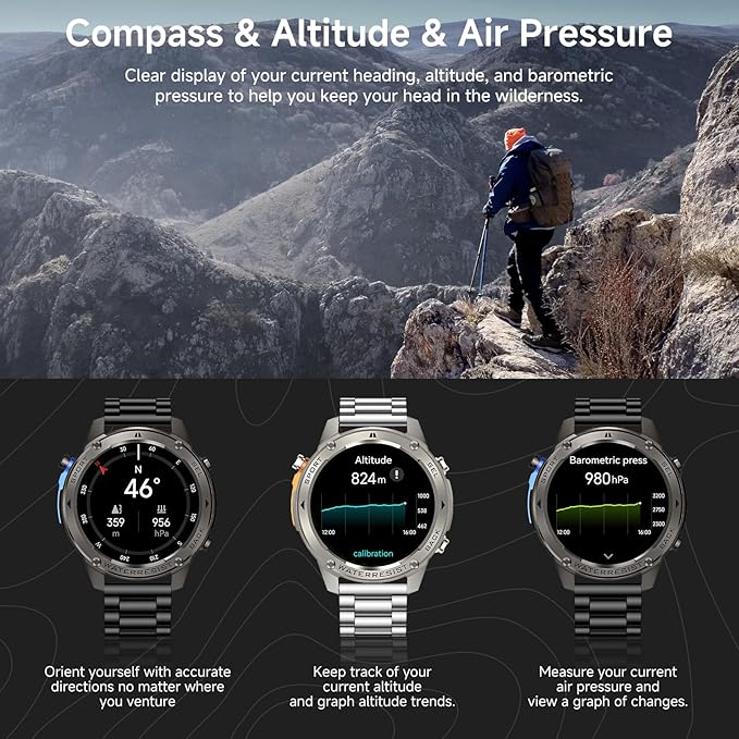 GPS Smart Watch for Men Military Rugged Smartwatches,Compass,50M Waterproof, 500mAh Large Battery,Answer/Make Call, 1.43" AMOLED Screen, Compatible for Android iOS (2 Bands) Sliver