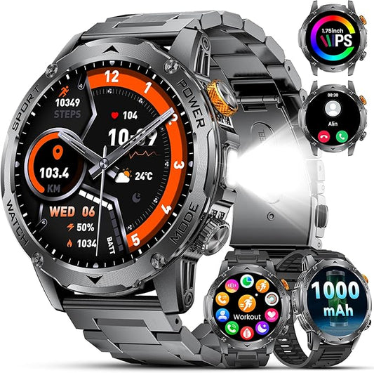 Military Smart Watches for Men(3 Bands),1000mAh/1.75" HD Large Screen Smartwatch, Flashlight/110+ Sports Modes/IP68 Waterproof/Sleep Monitor Fitness Tracker for Android iOS, Matte Black