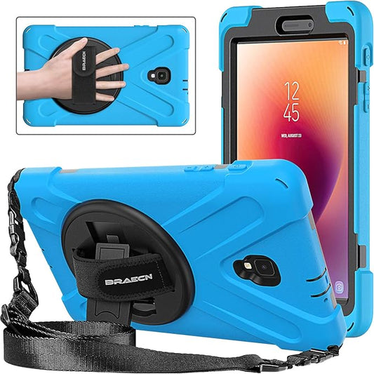 BRAECNstock for Samsung Galaxy Tab A 8.0 2017 Case (SM-T380/T385) Rugged Shockproof Protective Case with 360° Rotating Hand Strap+Kickstand Shoulder Strap Samsung SM-T380 Tablet Case Kids - Sky Blue