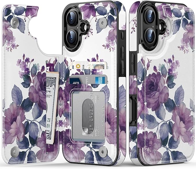 FUNMIKO for iPhone 16 Wallet Case with Card Holder, RFID-Blocking, Military-Grade Protection & UV-Printed Artwork, Magnetic Closure with Leather Kickstand - Elegant Purple Floral
