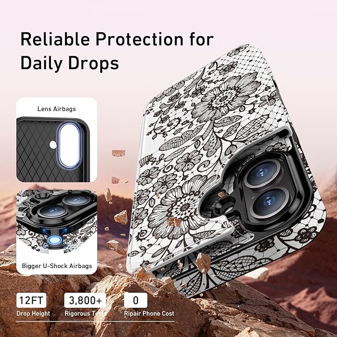 FUNMIKO for iPhone 16 Plus Wallet Case with Card Holder, RFID-Blocking, Military-Grade Protection & UV-Printed Artwork, Magnetic Closure with Leather Kickstand - Graceful Lace Floral