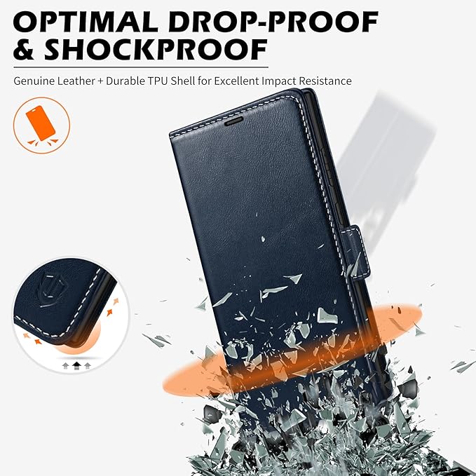 SHIELDON Case for Galaxy S25 Ultra 6.9", Genuine Leather Wallet Flip Book RFID Blocking Card Holder Kickstand Shock Absorbing Protective Case Compatible with Galaxy S25 Ultra - Retro Dark Blue