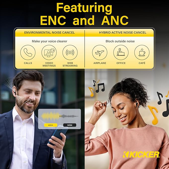 KICKER Bluetooth Earbuds 50KTWS3 Wireless Earbuds with Active Noise Cancellation, 25-Hour Battery Life, in-Ear Headphones with Dual Microphones for Clearest Voice Clarity Touch Controls