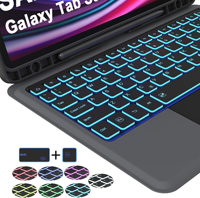 for Samsung Galaxy Tab S10 Lite/S9 FE 10.9" /S10 FE 10.9 inch/Tab S9 11 inch Case with Keyboard - 7 Color Backlit Tablet Cover with Touchpad - Magnetic Detachable Keyboard with S Pen Holder Black