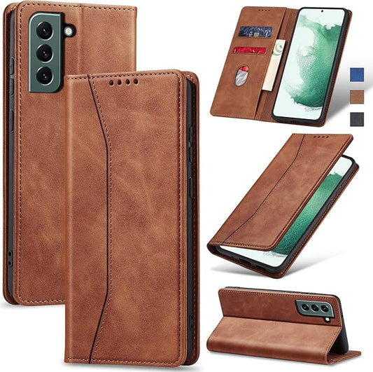 Jasonyu Flip Wallet Case for Samsung Galaxy S22 5G,Leather Magnetic Folio Cover with Card Holder,Kickstand - TPU Shockproof Durable Protective Phone Case,Brown