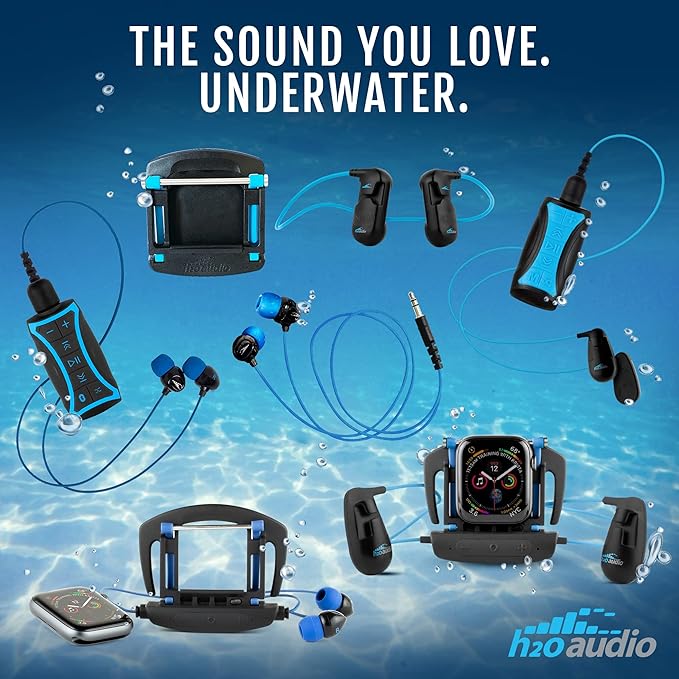 H2O Audio Surge+ 100% Waterproof Headphones - Noise Canceling, Sweatproof, IPX8 Swim Earbuds with Bass Boost, Multiple Earplug Sets, for Swimming, Running & Underwater Activities - Black/Blue
