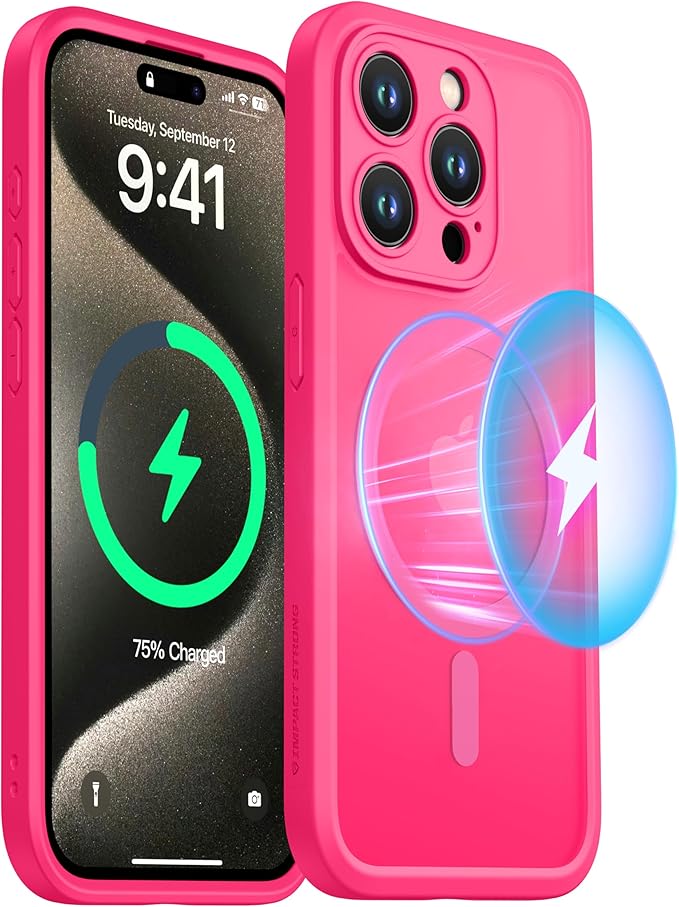 ImpactStrong Magnetic Guard Designed for iPhone 15 Pro Max Case [Camera Protection] [Military Grade Drop Tested] [Compatible with MagSafe] Slim Translucent Matte Phone Case (6.7") - Hot Pink