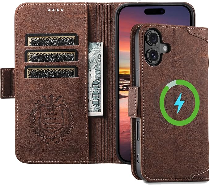 Leather Magnetic Wallet Case for iPhone 17 Compatible with MagSafe & Wireless Charging, 3 Card Slots & ID Holder, Kickstand, 360° Military Shockproof Protection Premium Brown
