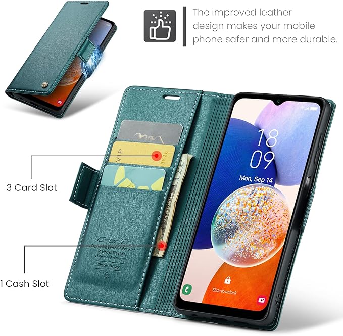 for Samsung Galaxy A14 4G/5G Case, Premium PU Leather Wallet Case Flip Cover with [RFID Blocking][Card Holder][Stand Function] Shockproof Protective for Samsung Galaxy A14, Blue-Green