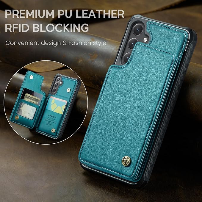 Vinich for Samsung Galaxy S24 Wallet Case with Card Holder, RFID Blocking Credit Slots Kickstand Shockproof Phone Cover for Women Men, Bluish Green