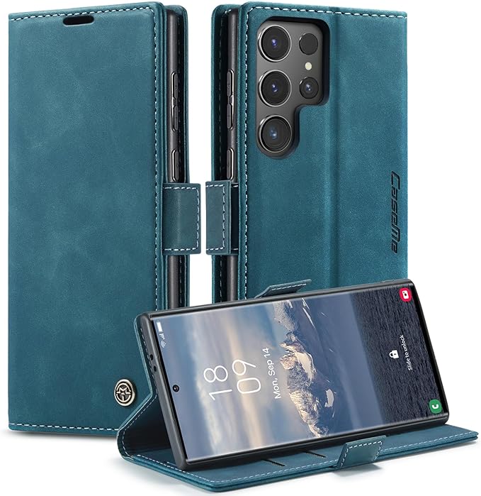 for Samsung Galaxy S24 Ultra Case, Flip Wallet Leather Case with Card Holder Magnetic Closure Shockproof Kickstand Protective Phone Cases Cover for Galaxy S24 Ultra 5G Cover,Blue-Green