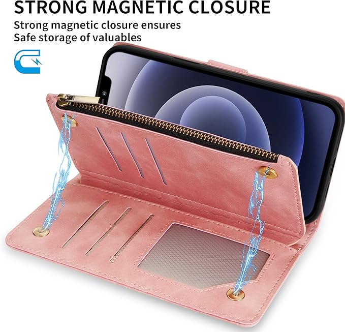 ZZXX for iPhone 12 Case Wallet,iPhone 12 Pro Wallet Case with Card Slot Premium Soft PU Leather Zipper Flip Folio Wallet with Wrist Strap Kickstand Protective for iPhone 12 Wallet Case(Pink 6.1 inch)