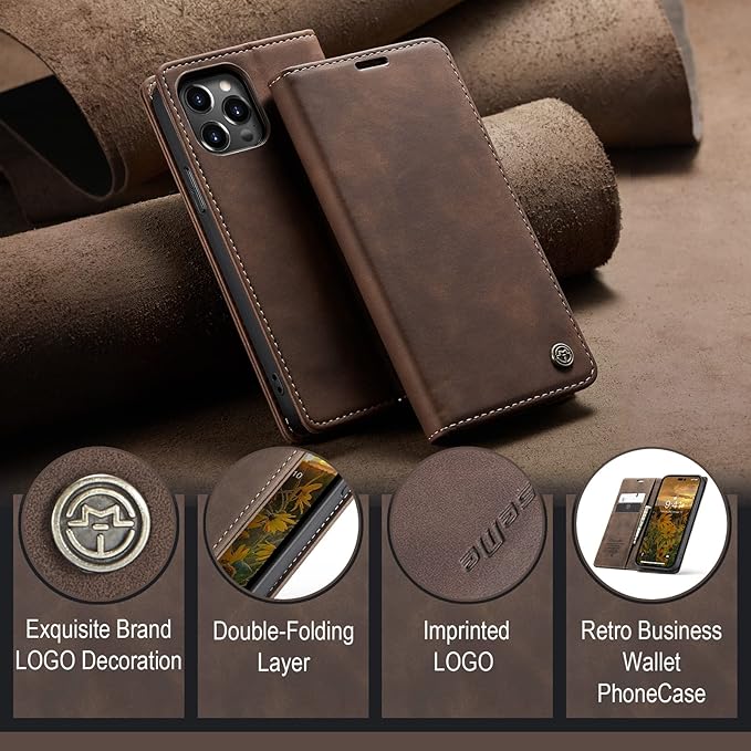 for iPhone 14 Pro Max Case, Flip Wallet Leather Case with Card Holder Magnetic Closure Shockproof Kickstand Protective Phone Cases Cover for iPhone 14 Pro Max, Coffee