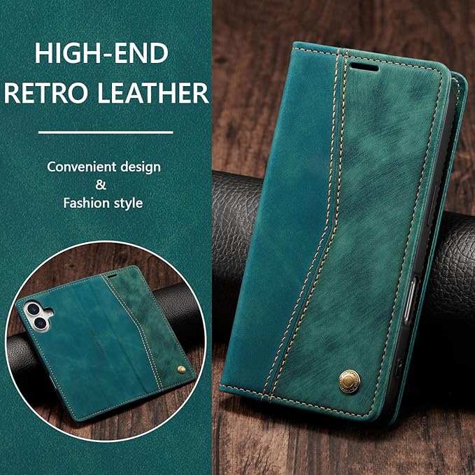 QLTYPRI for iPhone 16 Case Wallet with Card Holder, Vintage PU Leather Kickstand Magnetic Closure Shockproof Folio Book Cover Case for iPhone 16 - Retro Green