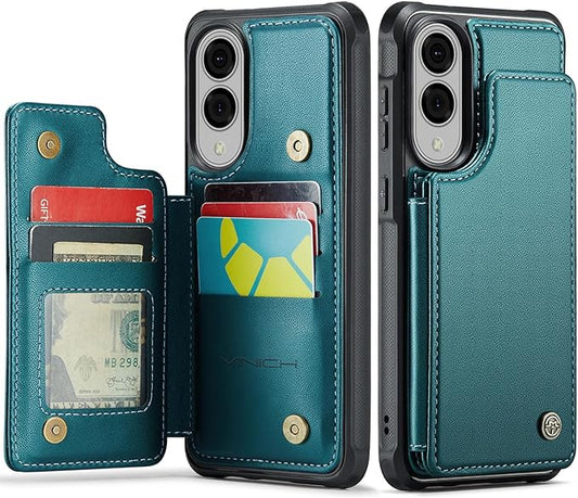 Vinich for Samsung Galaxy S25 Edge Wallet Case with Card Holder, RFID Blocking Credit Slots Kickstand Shockproof Phone Cover for Women Men, Bluish Green