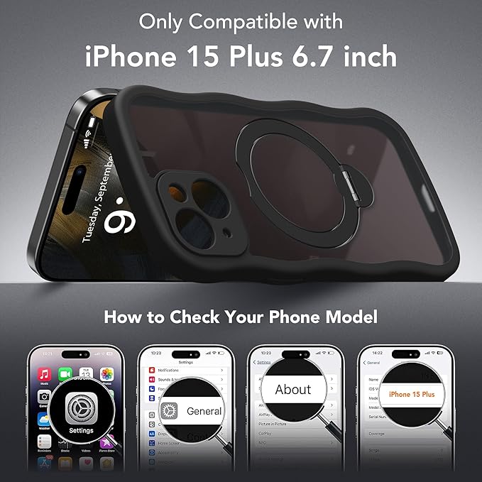 GolbinBox for iPhone 15 Plus Case for Women,[Compatible with Magsafe][360° Spin Magnetic Stand][Cute Wave Edge][Military-Grade Protection] Translucent Matte Phone Case for iPhone 15 Plus, Black