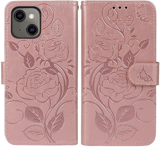 Case for iPhone 13 Case, iPhone 14 Wallet Case with Tempered Glass Screen Protector, Flower Leather Flip Credit Card Holder Stand Phone Cover Cases for iPhone 14 Rose Gold