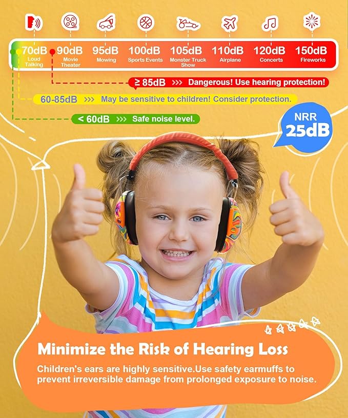 PROHEAR 032 Kids Ear Protection – Ear Muffs for Noise Reduction, 25NRR Noise Cancelling Headphones for Toddlers, Autism, Sensory Use, Hearing Protection – Orange