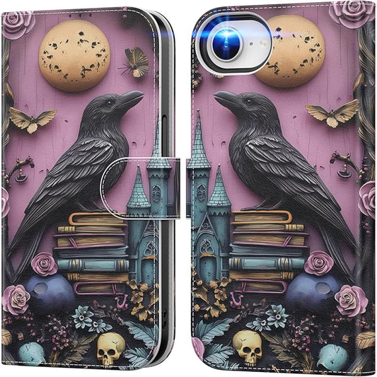 DEENAKIN for iPhone 16e Wallet Case with Card Holder + Cash Clip, RFID-Blocking, Military-Grade Drop Protection, Magnetic Closure with Leather Kickstand - Gothic Skull & Raven