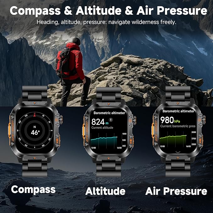 GPS Smart Watch for Men (Answer/Make Calls), 2.01'' Military Rugged Smartwatches for Android iPhone Fitness Tracker with Compass/10 Days Battery/Heart Rate/Sleep/100+ Sport Modes(2 Straps)