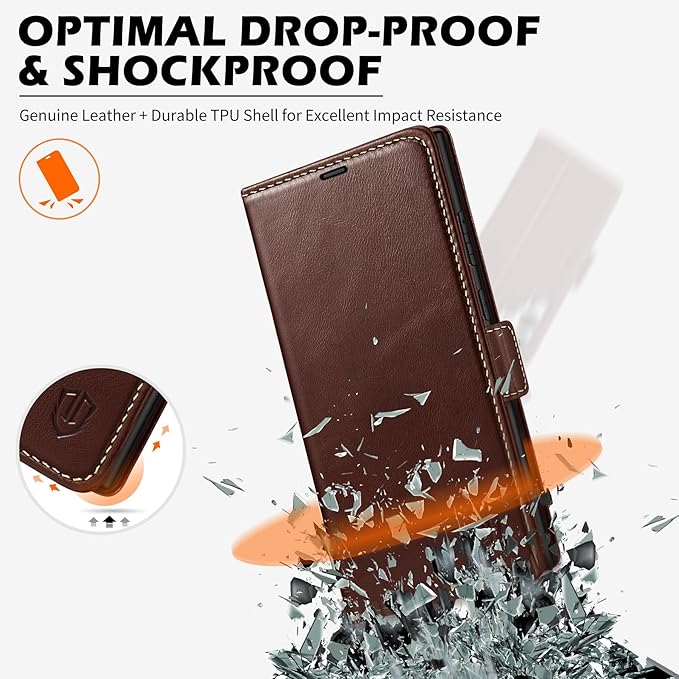 SHIELDON Case for Galaxy S25 Ultra 5G, Genuine Leather Folio Wallet Magnetic Kickstand RFID Blocking Card Slots Shockproof Protective Cover Compatible with Galaxy S25 Ultra 6.9" 2025 - Retro Coffee