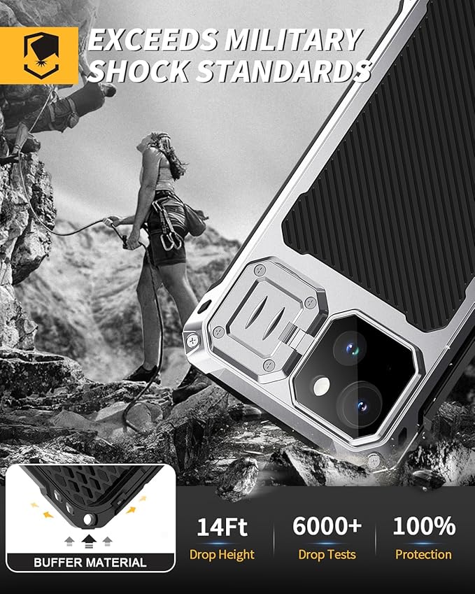 Lanhiem Magnetic for iPhone 14 Metal Case, [Built-in Camera Kickstand & Glass Screen Protector] Heavy Duty Shockproof Full Body Rugged Protective Magsafe Cover for iPhone 14 6.1" (Silver)
