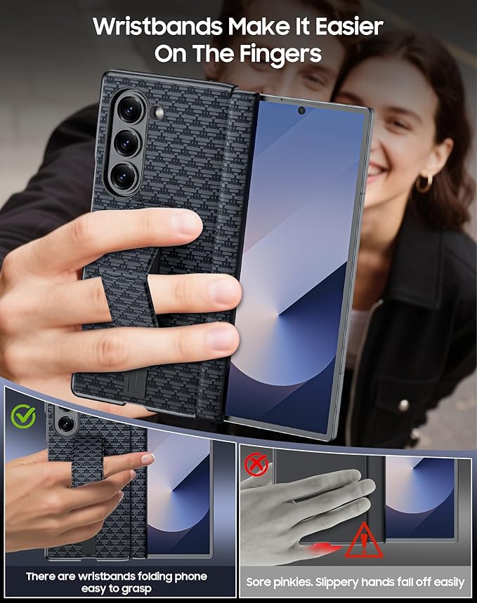 for Samsung Galaxy Z Fold 6 Case with Hand Strap & Kickstand & Hinge Protection, Ultra Slim Skin Feel Pattern Printing Full Body Shockproof Phone Case for Z Fold 6, No Screen Protector (Black)