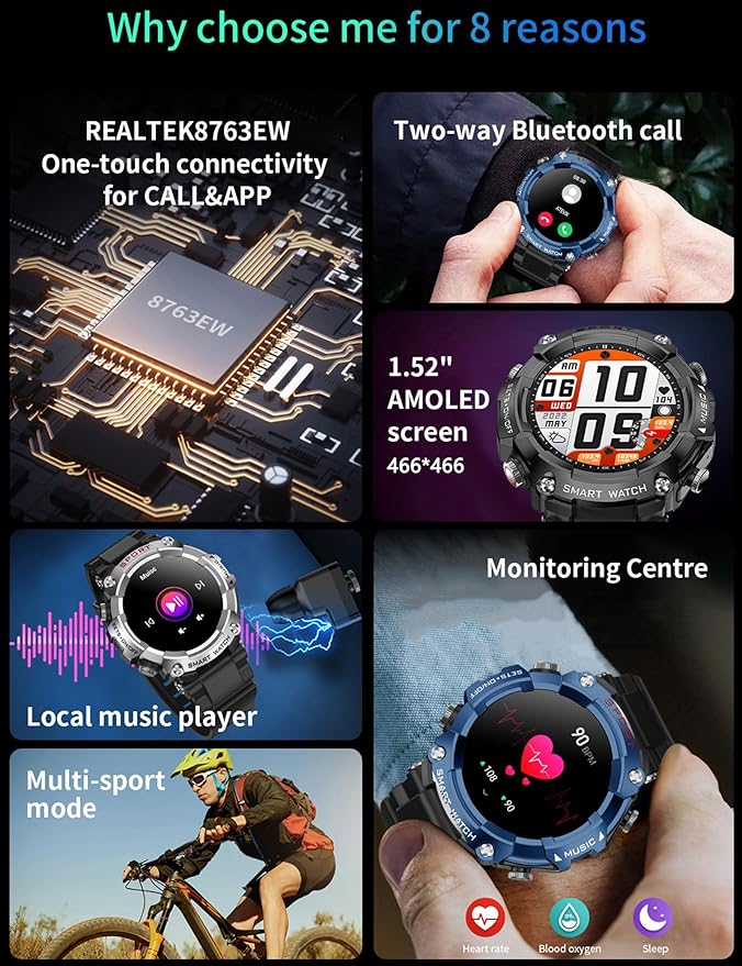 Smart Watch with Earbuds, 1.52" HD Screen Smartwatch for Men, Rugged Military Bluetooth Call Fitness Tracker,3 in 1 Bluetooth Watch with Local Music,Sleep Monitor,Heart Rate