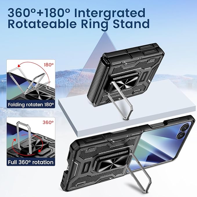 VEGO for Galaxy Z Flip 7 Case, 360° Rotatable Ring Kickstand & Belt Clip Holster & Tempered Glass Camera Screen Protector & Hinge Protection, Shockproof Case for Samsung Flip 7 5G - Black