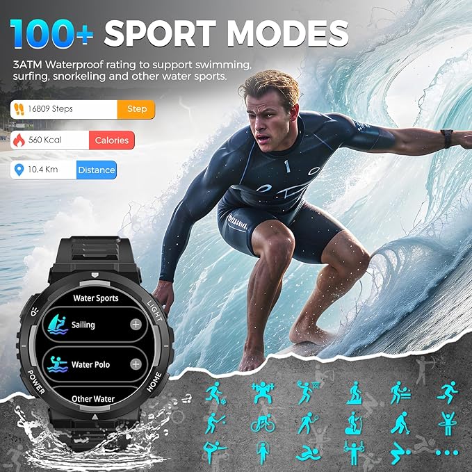 Military Smart Watch for Men(Answer/Make Call), Rugged Smartwatch with LED Flashlight/3ATM Waterproof/400mAh Battery/100+ Sports Modes/Heart Rate/Sleep Monitor, Fitness Tracker for iOS Android