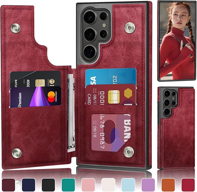 DJDUCK Designed for Samsung Galaxy S25 Ultra Case Wallet with Card Holder, [Magnetic Clasp Cover] [RFID Blocking Leather Protection] Shockproof Women Men Cases for Samsung S25 Ultra Red