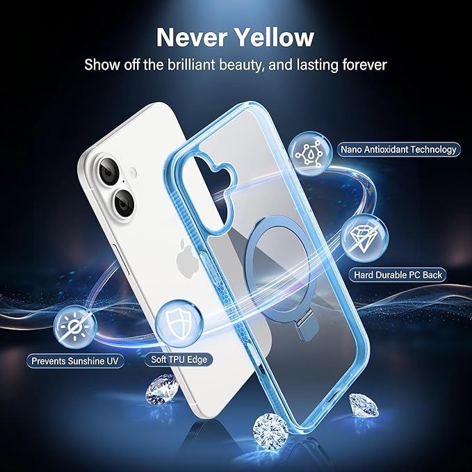 Magnetic Case for iPhone 16 - [Built-in Invisible Stand] [Compatible with MagSafe] [Military Grade Drop Protection] Anti-Yellowing Hard Back Silicone Edge Cover, 6.1", Clear Blue