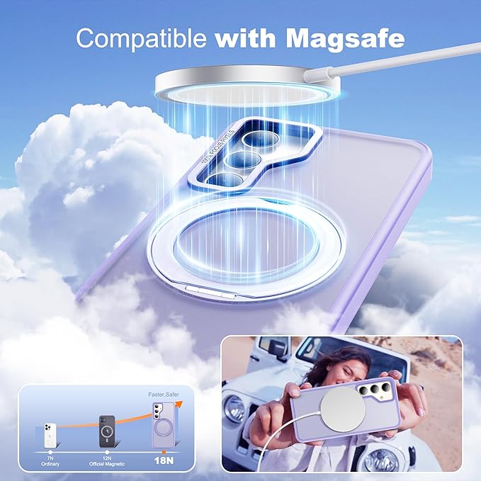 for Samsung Galaxy S25 Case with 360°Rotatable Magnetic Ring Stand Compatible with Mag-Safe Military Protection Shockproof Matte Translucent Phone Cases for Samsung Galaxy S25,Purple