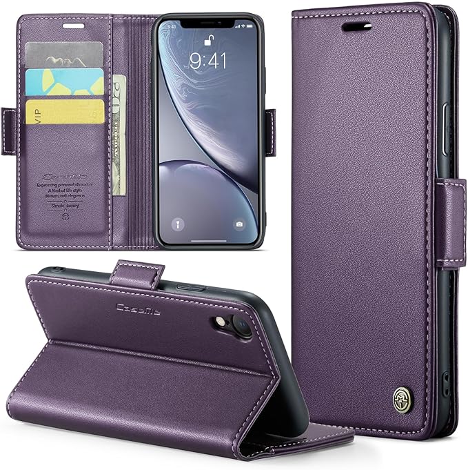 for iPhone XR Case, Premium PU Leather Wallet Case Flip Cover with [RFID Blocking][Card Holder][Stand Function] Shockproof Protective for Apple iPhone XR, Purple