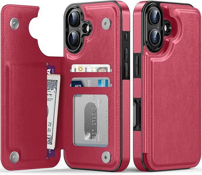 FUNMIKO for iPhone 16 Wallet Case with Card Holder, RFID-Blocking, Military-Grade Protection & UV-Printed Artwork, Magnetic Closure with Leather Kickstand - Hot Pink