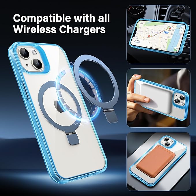Magnetic Case for iPhone 14 Plus - [Built-in Invisible Stand] [Compatible with MagSafe] [Military Grade Drop Protection] Anti-Yellowing Hard Back Silicone Edge Cover, 6.7", Clear Blue
