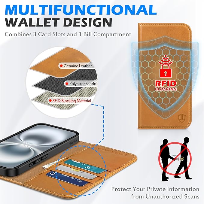 SHIELDON Case for iPhone 16 2024, Genuine Leather Magnetic Folio Wallet [RFID Blocking Credit Card Slots] Kickstand Shockproof Soft Phone Holder Case Compatible with iPhone 16 6.1" - Oily Brown